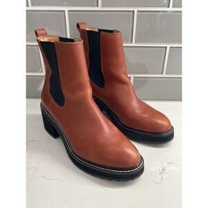 Madewell Women Tan Leather Chelsea Lug Sole Block Heel Ankle Boots Size 9.5